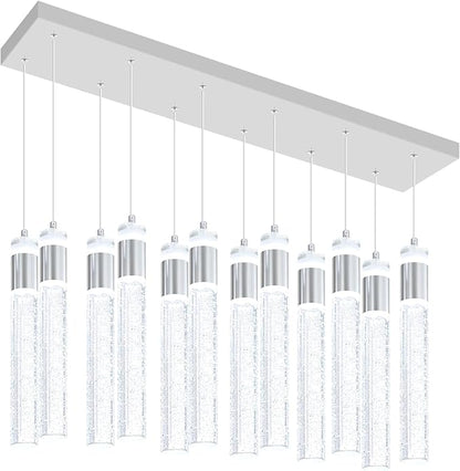 Glam Rectangular Crystal Column Chandelier for High Ceiling 12-Lights Silver LED Dimmable Pendant Light for Kitchen Island Dining Room Entrance Foyer Living Room Adjustable Height