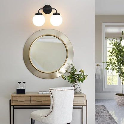 Black Bathroom Light Fixtures Over Mirror, Modern Vanity Lighting with Milk White Glass Globe Shades 2-Light Farmhouse Wall Sconce