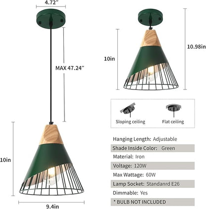 Farmhouse Pendant Light 9.4ines, 2 Packs- Green Industrial Kitchen Pendant Lights for Kitchen Island, Bar, Bedroom, Office, Library