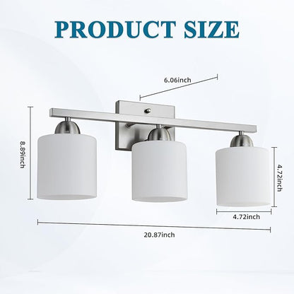 Mecgirn Stainless Steel Milk Glass Vanity Lights for Bathroom, 3 Light Brushed Nickel Bathroom Light Fixtures Over Mirror, Ceramic E26 Sockets Wall Mounted
