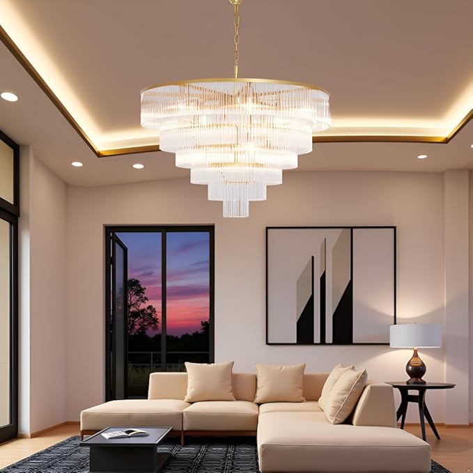 Modern Multi-Tier Crystal Chandelier 6-Tier Round Gold Finish Ceiling Light -Cylindrical Glass Rods -Dining Room Living Room Bedroom Entryway -Luxury Lighting Fixture 35.5''