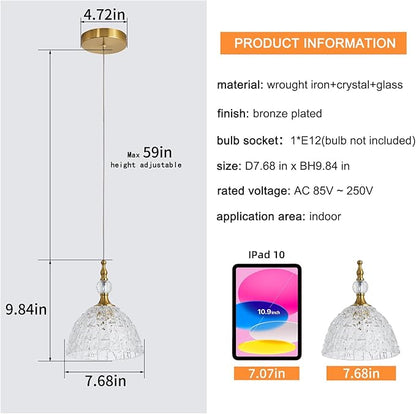 2 Pack Modern Bronze Glass Pendant Light 7.68 in Dome Light Fixture with K9 Crystal Ball Adjustable Height Vintage Brass Hanging Lights for Kitchen Island Bedroom Dining Room Living Room