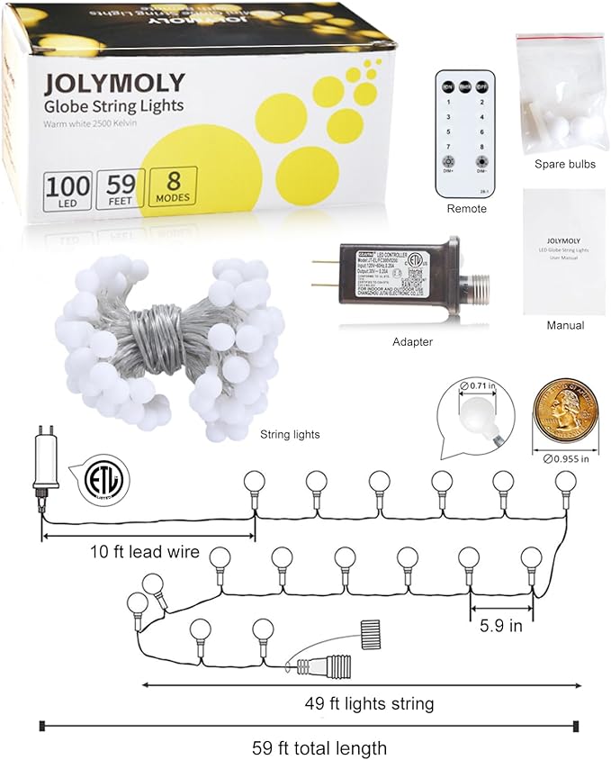 Globe String Lights, 59 Ft 100 LED Christmas Lights with Remote Timer, Connectable Plug in Twinkle Lights for Bedroom Wedding Classroom Indoor Outdoor Decor, Warm White