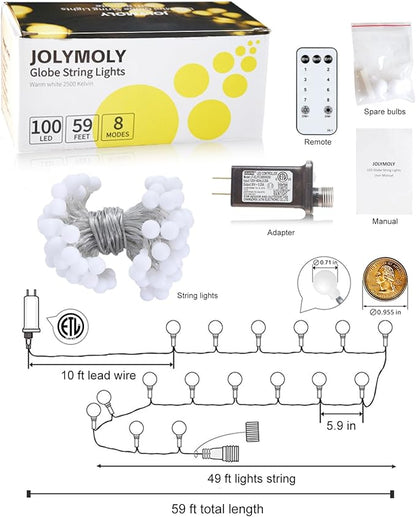 Globe String Lights, 59 Ft 100 LED Christmas Lights with Remote Timer, Connectable Plug in Twinkle Lights for Bedroom Wedding Classroom Indoor Outdoor Decor, Warm White