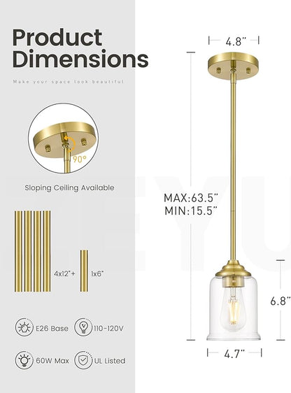 zeyu Gold Pendant Light, Mid Century Chandelier, 1-Light Hanging Fixture for Dinning Room Bedroom, Clear Glass Shade, Brushed Gold Finish, ZSL104MIL BG