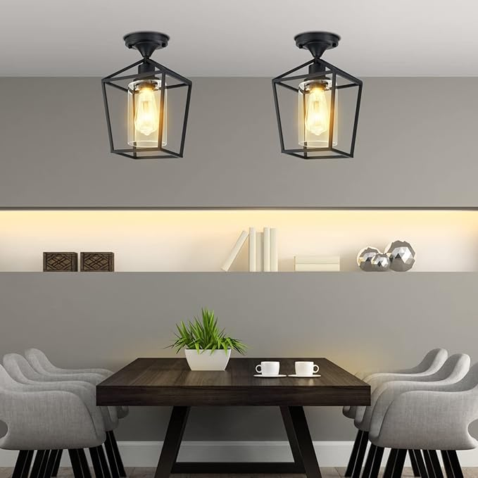 Melovom Clear Glass Semi Flush Mount Industrial Vintage Ceiling Light Fixtures, Black for Hallway, Porch, Dining Room, Kitchen