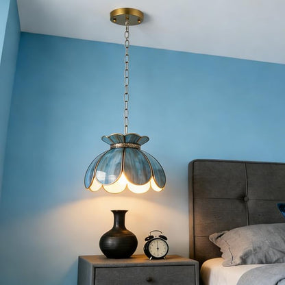 Brass Glass Ceiling Pendant Light, Hanging Chain Lamp, with Vintage Lotus Flower Blue Green Glass Shade for Kitchen Island Dining Room Bedroom Living Room - 7.9" Shade