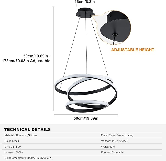 Mayful Modern Chandelier with Remote Control, 3-Color Dimmable LED Pendant Light Fixtures, Height Adjustable Kitchen Island Lighting for Dining Room,Bedroom,Living Room,Foyer,Office Black 19.7 inches