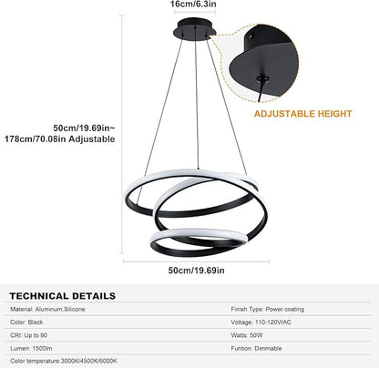 Mayful Modern Chandelier with Remote Control, 3-Color Dimmable LED Pendant Light Fixtures, Height Adjustable Kitchen Island Lighting for Dining Room,Bedroom,Living Room,Foyer,Office Black 19.7 inches