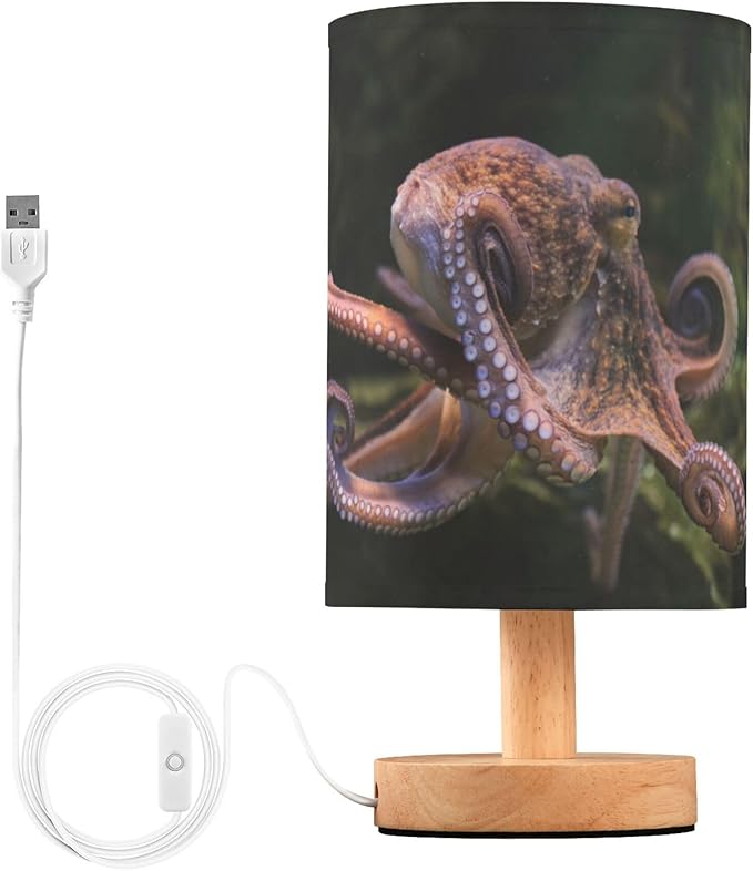 Octopus Marine Sea Life Wildlife Ocean Animal Table Lamp with Wood Base Fabric Lamp Shade Bedside Nightstand Desk Lamp for Living Room Bedroom Kids Room Office