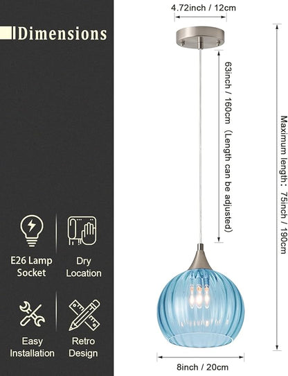Brushed Nickel Pendant Lights Kitchen Island, Globe Pendant Light Fixtures with 8 Inch Clear Glass Shade, Modern Hanging Light Fixtures for Kitchen, Bedroom (2 Pack - Blue Glass Pendant Light)