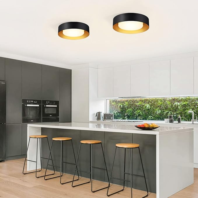 Yiisem Modern Black and Gold Flush Mount Ceiling Lights, 16.5" Minimalist Glass Round Ceiling Lighting, Drum Close to Ceiling Light Fixtures for Living Room, Bedroom, Dining Room, Kitchen, Hallways