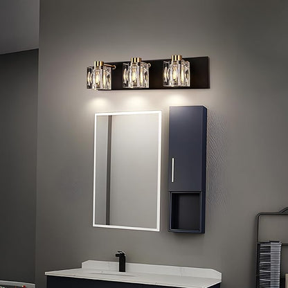 Modern Crystal Vanity Lights,3 Light Bathroom Vanity Light fixtures,Black and Gold Bathroom Lights Over Mirror,Wall Sconces Light for Bathroom,Hallway Bedside Stairway