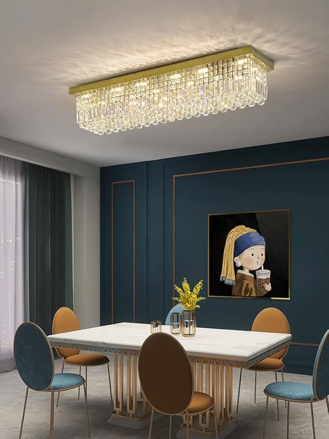 7PM Rectangular Chandelier, Modern Dining Room Light Fixture with Raindrop Chandelier Crystals, 8 Lights Flush Mount Rectangle Chandelier for Dining Room Living Room, L40” x W10” x H10” Gold