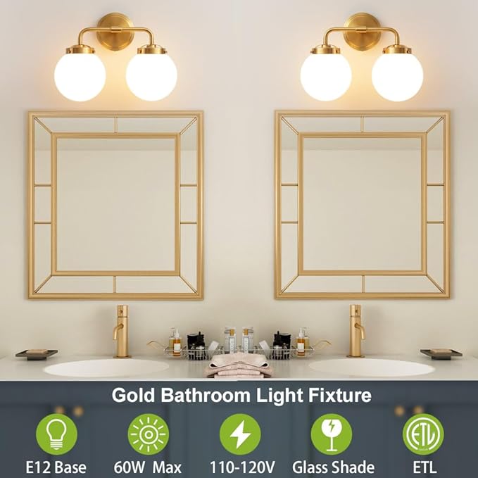 Bathroom Vanity Light Fixtures Over Mirror, Modern Brass Gold 2 Lights Wall Sconce Lighting with Milky Glass Ball Shades, Mid Century Farmhouse Bathroom Lighting
