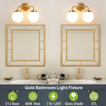 Bathroom Vanity Light Fixtures Over Mirror, Modern Brass Gold 2 Lights Wall Sconce Lighting with Milky Glass Ball Shades, Mid Century Farmhouse Bathroom Lighting