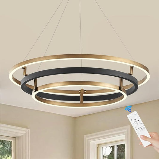 Benkut 3 Rings Modern LED Chandelier Black Gold Dimmable Circular Pendant Light for Dining Room, Foyer Chandelier with Remote Control Flush Mount High Ceiling Light for Kitchen Living Room, D30.7In