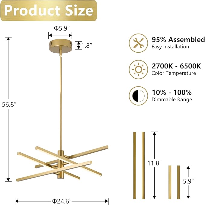 Modern Gold Chandelier Light Fixtures: LED 4-Light Sputnik Dining Room Chandeliers Linear Pendant Lights Fixture Over Table Dimmable with Remote for Kitchen Island Living Room