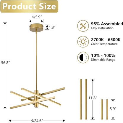 Modern Gold Chandelier Light Fixtures: LED 4-Light Sputnik Dining Room Chandeliers Linear Pendant Lights Fixture Over Table Dimmable with Remote for Kitchen Island Living Room