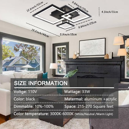 Modern Black Led Ceiling Light 3-Square Design 3000K-6500K Dimmable LED Ceiling Light with Remote 33W Acrylic Ceiling Lighting Fixture for Bedroom Kitchen Dining Room Office Lamps