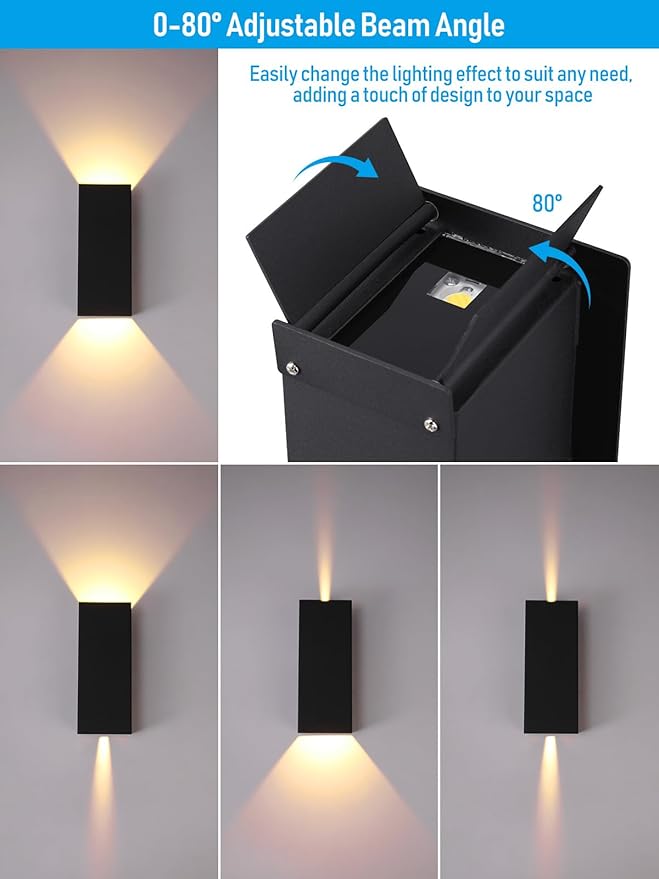 LEONLITE 5CCT 12 Inch LED Up Down Wall Light 24W, Dimmable Adjustable Beam Angle Square Outdoor Wall Light Fixtures, 100-277V, 1800LM, IP65 Waterproof Modern Wall Sconce, CPI90, ETL Listed, Pack of 2