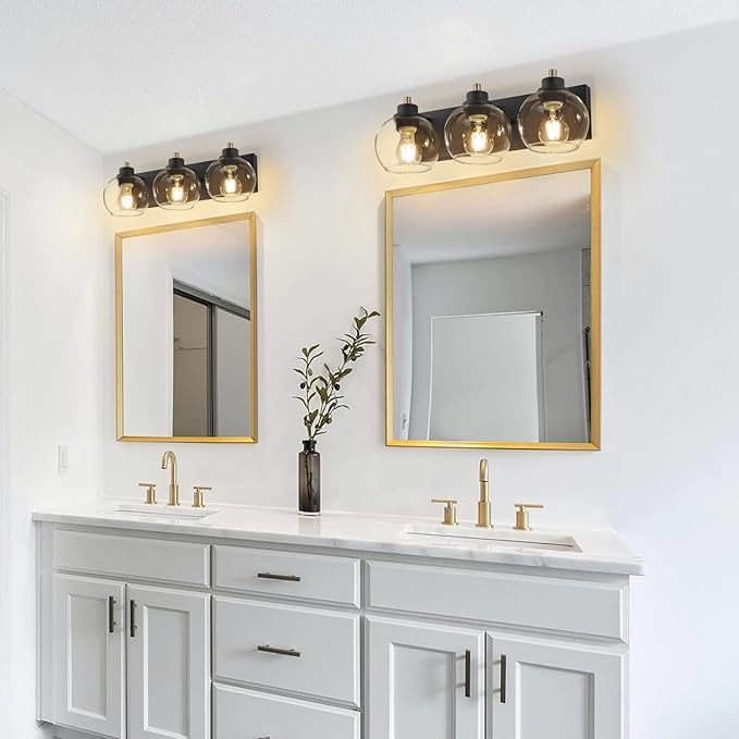 Tuscarora 3 Light Bathroom Vanity Light, Black and Gold Bathroom Light Fixtures Over Mirror, Modern Vanity Light with Clear Glass Shade, Black Wall Sconce for Mirror