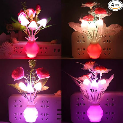 4 Pack Mushroom Night Light, Red Rose Tulip Flowers Plants Plug-in Mushrooms Colors Changing Nightlight Colorful LED Wall Lamp Little Night Lights for Bathroom Bedroom Kitchen Living Room