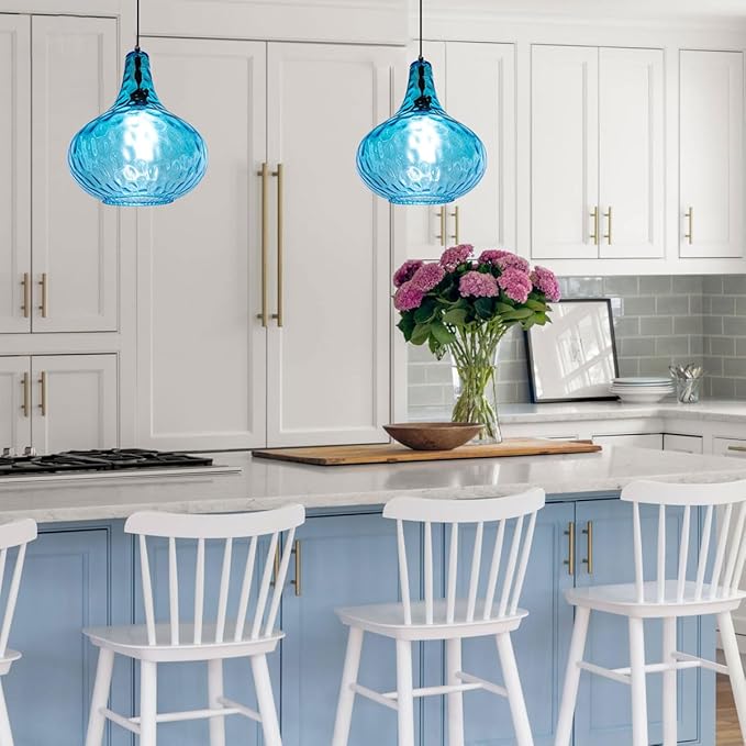 2-Pack Blue Hanging Lamp Vintage Plug in Pendant Light Fixture Globe Glass Plug in Ceilig Pendant Lamp with Cord Hammered Shade Plugin Hanging Lamp for Bedroom Dining Living Room
