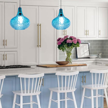 2-Pack Blue Hanging Lamp Vintage Plug in Pendant Light Fixture Globe Glass Plug in Ceilig Pendant Lamp with Cord Hammered Shade Plugin Hanging Lamp for Bedroom Dining Living Room