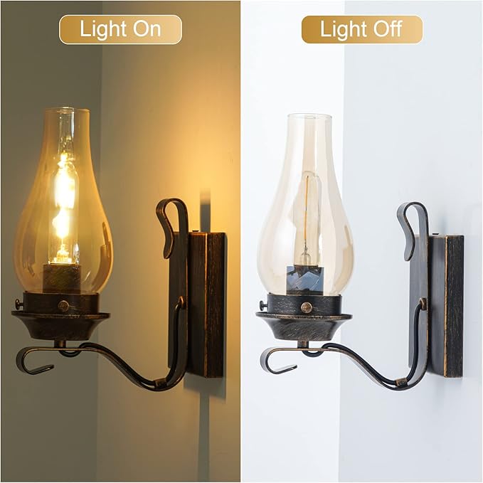Yisuro Wall Sconces Sets of 2, Oil Rubbed Bronze Hardwired Wall Sconce Indoor, Retro Rustic Wall Lamps with Amber Glass,Vintage Bedside Sconces Wall Lighting for Living Room Bathroom