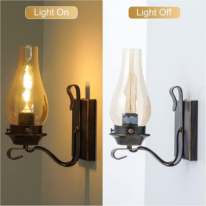 Yisuro Wall Sconces Sets of 2, Oil Rubbed Bronze Hardwired Wall Sconce Indoor, Retro Rustic Wall Lamps with Amber Glass,Vintage Bedside Sconces Wall Lighting for Living Room Bathroom