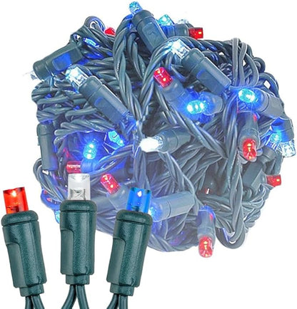 Novelty Lights 50 LED 25ft Red White Blue Lights, USA Patriotic 4th of July String Lights, Wide Angle Mini Lights on Green Wire, Commercial Grade, Connectable Indoor Outdoor Christmas Lights