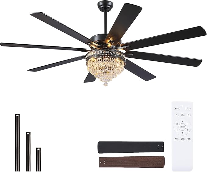 Asyko 72" Crystal Ceiling Fan Fandelier with Lights - Modern Crystal Chandelier Fans with Remote Control,Noiseless DC Motor, Retro/Farmhouse Lighting, Dining Room,Living Room