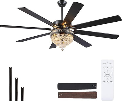 Asyko 72" Crystal Ceiling Fan Fandelier with Lights - Modern Crystal Chandelier Fans with Remote Control,Noiseless DC Motor, Retro/Farmhouse Lighting, Dining Room,Living Room