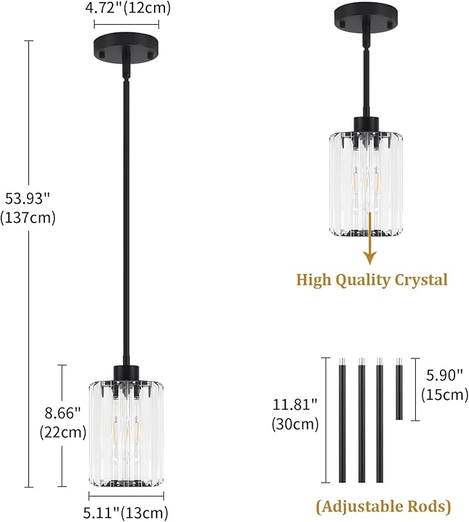2 Pack Black Pendant Lights Kitchen Island, Modern Crystal Kitchen Pendant Lighting Over Island Dining Room Light Fixtures Adjustable Hanging Pendant Light for Bathroom Hallway Entryway Foyer Bedroom