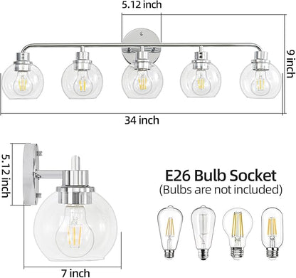 Bathroom Light Fixtures Chrome Vanity Light Silver 5 Light Modern Wall Sconces Lighting Bathroom Lights with Globe Glass Shades Bath Wall Lights for Mirror Kitchen Living Room Hallway 34.5"