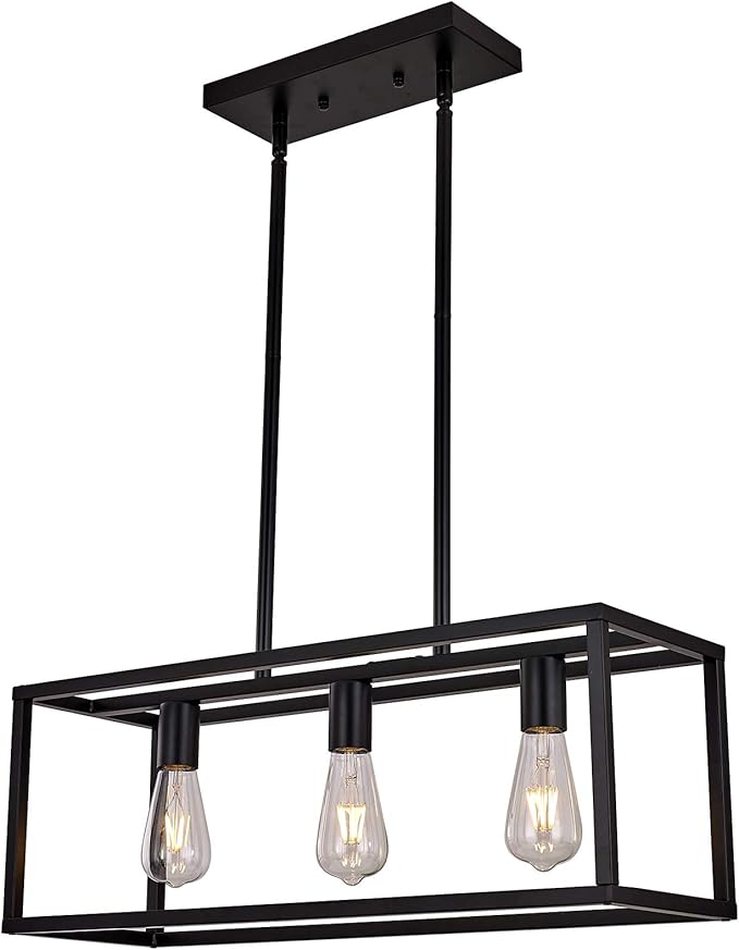 3 Lights Black Dining Room Chandelier Hanging Light Fixture Modern Kitchen Island Linear Lighting Farmhouse Chandelier for Bar Restaurant