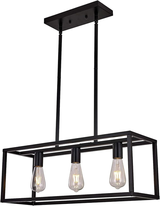 3 Lights Black Dining Room Chandelier Hanging Light Fixture Modern Kitchen Island Linear Lighting Farmhouse Chandelier for Bar Restaurant