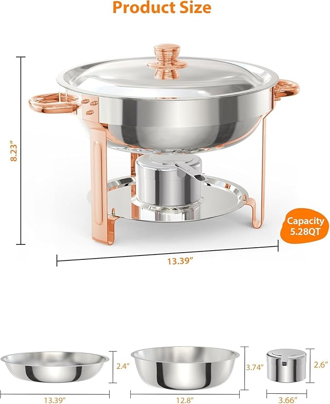 5QT 2 Packs Chafing Dish Buffet Set, Round Stainless Steel Chafers and Warmers Food Servers Sets with Lid & Lid Holder, Spoon & Tweezer for Catering Events Parties Weddings Dinners (Rose Gold, 2 Pack)