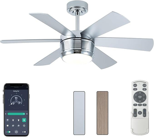 SHOWDI Ceiling Fan with Lights and Remote, 6 Blade App Control Timer Reversible Stepless Brightness and Color Temperature Outdoor Wood Ceiling Fan with Lights (Chrome, 42 Inch)
