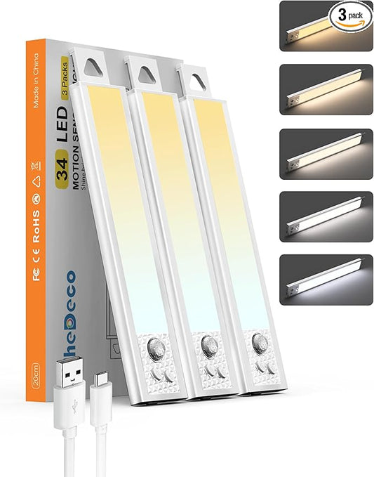 8 Inch Under Cabinet Lighting, 3Pack 5CCT Dimmable Closet Lights, Motion Sensor LED Lights of Battery Operated, Rechargeable Under Counter Light for Kitchen, Stairs, Bedroom, Wardrobe
