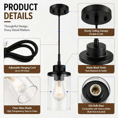 Modern Black Farmhouse Clear Glass Cylinder Pendant Light Fixture, Adjustable Height Hanging Pendant Lighting for Kitchen Island, Dining Room, Bedroom & Hallway (3 Packs)