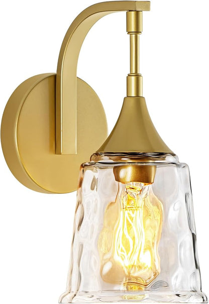 Gold Wall Sconce for Bathroom,1-Light Hardwired Wall Light Fixture with Water Ripple Glass Shade, Vintage Brass Sconce Lights for Bedroom Hallway Entryway