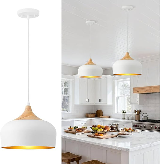 White Pendant Light, 12in Solid Wood Pendant Lights Fixture Adjustable Modern Hanging Lighting, for Kitchen Island Dining Room Sink Bar Office Bedroom