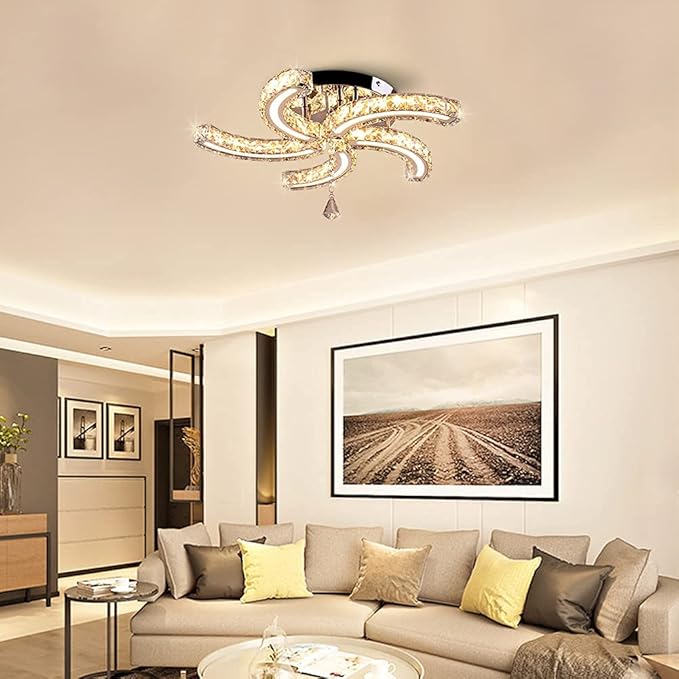 Finktonglan 19.7" Multi-Color Crystal Semi Flush Mount Ceiling Light, 5-Light LED Chandelier, 3-Color Switch (Warm/Neutral/Cool), K9 Crystal & Acrylic, 25W, Modern Ceiling Lighting Fixture