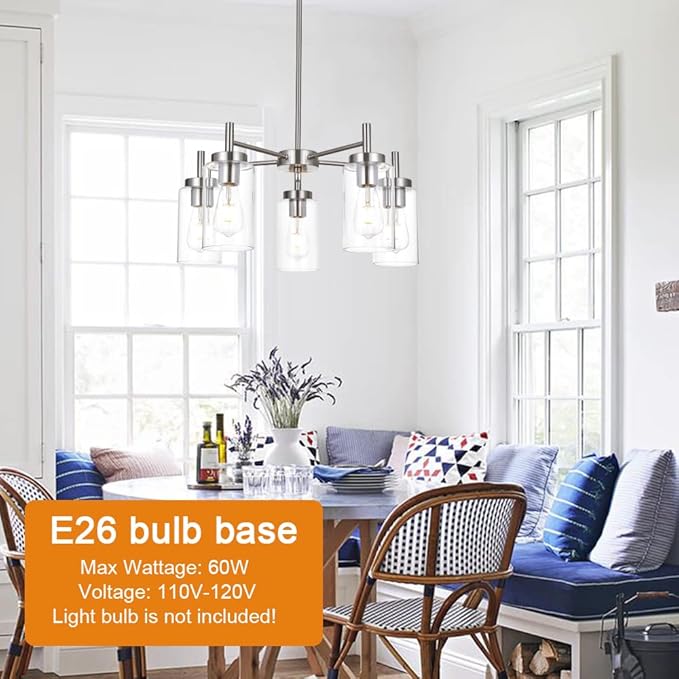Contemporary 5 Light Large Chandeliers Modern Clear Glass Shades Pendant Lighting Brushed Polished Nickel Dining Room Lighting Fixtures Hanging Adjustable Wire Semi Flush Ceiling Lights