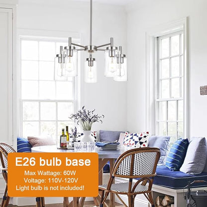 Contemporary 5 Light Large Chandeliers Modern Clear Glass Shades Pendant Lighting Brushed Polished Nickel Dining Room Lighting Fixtures Hanging Adjustable Wire Semi Flush Ceiling Lights