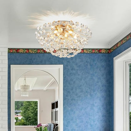 AGV LIGHTING Modern Crystal Flush Mount Ceiling Light Fixture, Dandelion Sputnik Semi Flush Mount Ceiling Light, 16" 5-Light with G9 Base Gold Ceiling Light Fixture