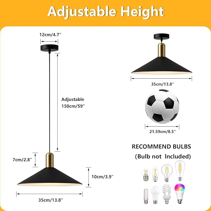 KCO Lighting Farmhouse Matte Black Barn Pendant Light 1-Light Mid Century Dome Pendant Lighting Industrial Cone Hanging Light Single Kitchen Island Light Fixture for Dining Room (Black)