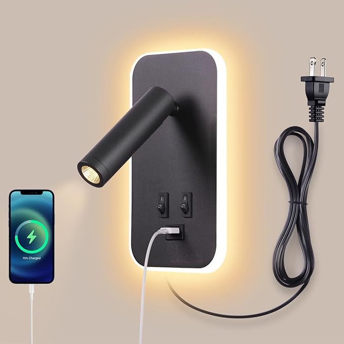 Wall Mounted LED Reading Light for Bed Headboard, Bedside Wall Sconces USB Charging, Night Light for Bedroom, Ambient Lighting Wall Mounted Sconce for Bedroom, Plug-in or Hardwired, Black